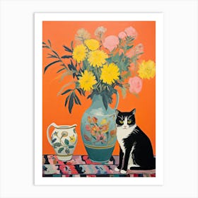 Carnation Flower Vase And A Cat, A Painting In The Style Of Matisse 1 Art Print