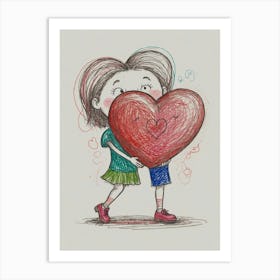 Girl Hugging A Big Heart Art Print