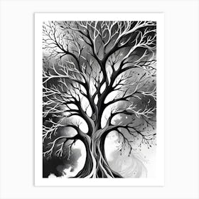 Black And White Illustration Of A Tree With Abstract White Veins Art Print