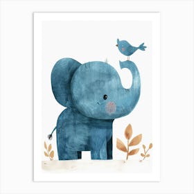 Small Joyful Elephant With A Bird On Its Head 11 Art Print