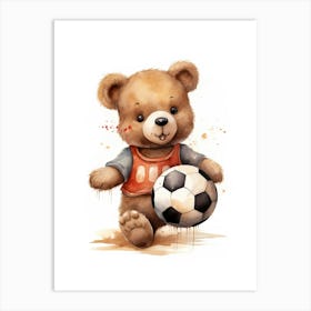 Teddy Bear Painting Watercolour Playing Football Soccer 1 Art Print