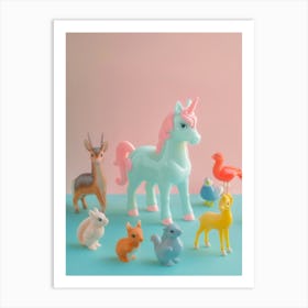 Toy Unicorn With Toy Woodland Friends Pastel Art Print