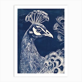 Blue Linocut Inspired Peacock Portrait 3 Art Print