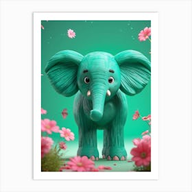 Turquoise Elephant Calf Characterized By Roundness And Cuteness Animates Amongst A Forest Flush Wi Art Print