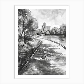 Lady Bird Lake And The Boardwalk Austin Texas Black And White Watercolour 3 Art Print