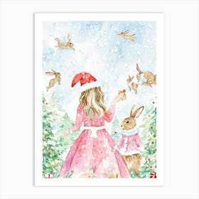 Watercolor Illustration Of Holiday Loving Bunnies Donning Their Festive Pink Dresses Each Adorned W Art Print