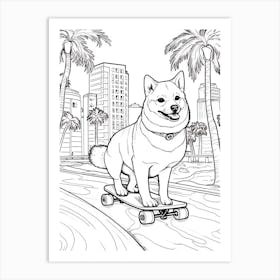 Shiba Inu Dog Skateboarding Line Art 3 Art Print