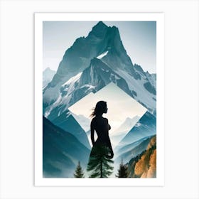 Naked Woman Silhouette  in Alps Mountains - Collage Art Art Print