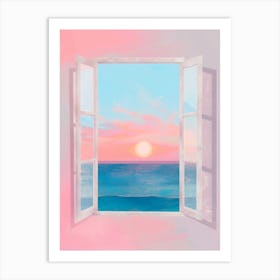 Pink Sunset From The Window. Gouache Landscape Illustration Art Print