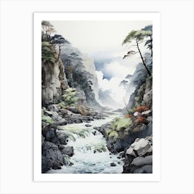 Sounkyo Gorge In Hokkaido, Japanese Brush Painting, Ukiyo E, Minimal 3 Art Print