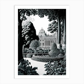 Gardens Of The Palace Of Versailles, 1, France Linocut Black And White Vintage Art Print