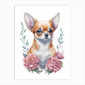 Cute Floral Chihuahua Dog Portrait Painting (6) Art Print