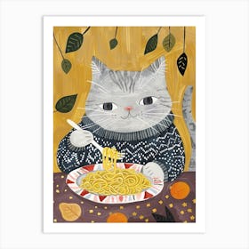 Grey Cat Eating Pasta Folk Illustration 2 Art Print