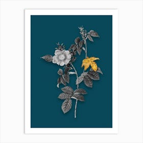 Vintage Dog Rose Black and White Gold Leaf Floral Art on Teal Blue n.0698 Art Print