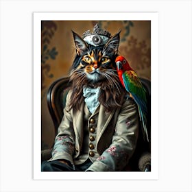 King Cat With Parrot Art Print