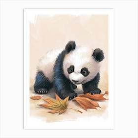 Giant Panda Cub Playing With A Fallen Leaf Storybook Illustration 2 Art Print