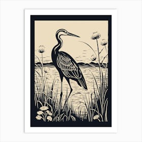 B&W Bird Linocut Egret 1 Art Print