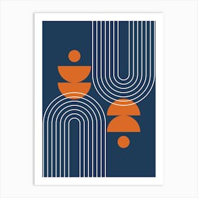 Modern Mid Century Sun, Moon Phases and Rainbow Abstract 29 in Navy Blue and Burnt Orange Art Print