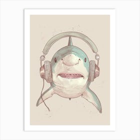 Shark Listening To Music With Headphones Subtle Pastel Art Print