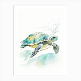 Sea Turtle In Deep Ocean, Sea Turtle Pencil Illustration 2 Art Print