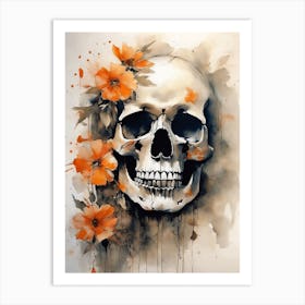 Abstract Skull Orange Flowers Painting (12) Art Print