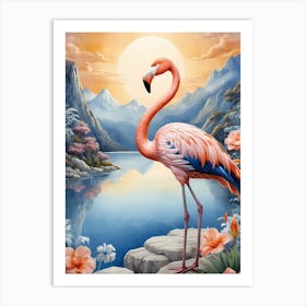 Floral Blue Flamingo Painting (51) Art Print