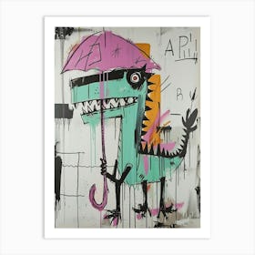 Dinosaur In The Rain Holding An Umbrella Teal Purple 1 Art Print