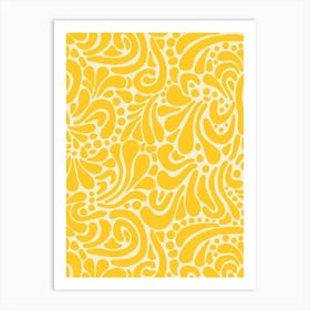 Retro Paisley Doodle Swirls - Golden Yellow on Cream White Art Print