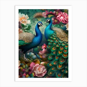 Peacocks And Flowers Art Print