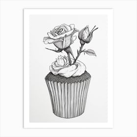 English Rose Cupcake Line Drawing 2 Art Print