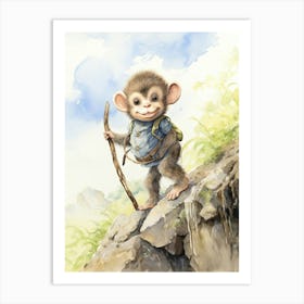 Monkey Painting Hiking Watercolour 2 Art Print