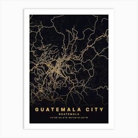 Guatemala City Guatemala Black And Gold Map Art Print