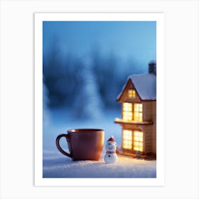 Macro Photography Of A Cup Cradling A Miniature House Windows Aglow With Warm Light Snow Covered T (1) Art Print