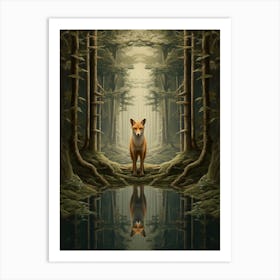 Fox Walking Through A Forest Realism Illustration 6 Art Print