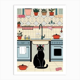 Black Cat In The Kitchen Art Print