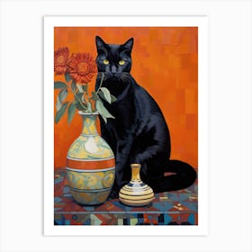 Black Cat With Flowers 3 Art Print