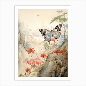 Butterfly With Mountaneous Landscape Japanese Style Painting 3 Art Print