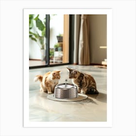 Two Cats Are Playing With A Stainless Steel Fountain, Beige Minimalist Modern Decoration, Modern Living Space In Kuno Amit Style, Eos R6 Mark Ii, Distant View, Panorama Póster