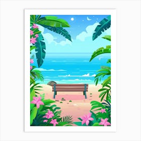 Beach Scene With Bench And Flowers Art Print