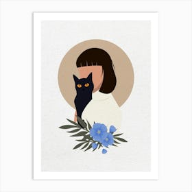 Minimal art Girl With A Cat and Flower Art Print