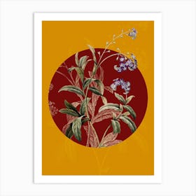 Vintage Botanical Water Forget me not Myosotis scorpioides on Circle Red on Yellow n.0326 Art Print