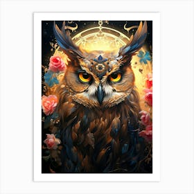 Owl With Roses Art Print