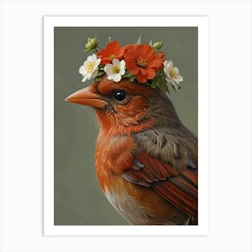 Cardinal With Flower Crown European Robin 4 Art Print