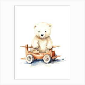 Baby Polar Bear On A Toy Car, Watercolour Nursery 0 Art Print