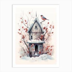Bird House Winter Snow Illustration 2 Art Print