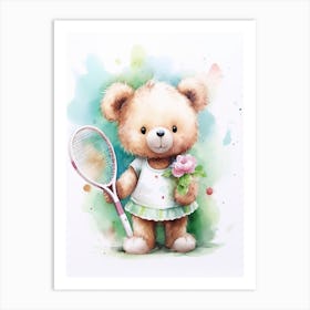 Tennis Teddy Bear Painting Watercolour 3 Art Print