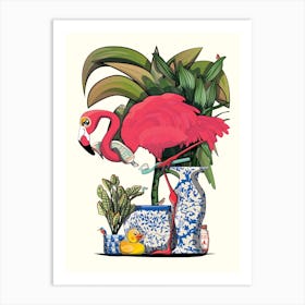 Flamingo Cleaning Teeth in Bathroom Art Print