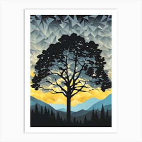 Tree In The Mountains, geometric vector art, Forest, sunset,   Forest bathed in the warm glow of the setting sun, forest sunset illustration, forest at sunset, sunset forest vector art, sunset, forest painting,dark forest, landscape painting, nature vector art, Forest Sunset art, trees, pines, spruces, and firs, black, blue and yellow Art Print
