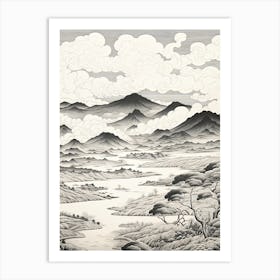 Aso Caldera In Kumamoto, Ukiyo E Black And White Line Art Drawing 1 Art Print