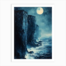 Full Moon Over The Cliffs, Monochrome, Charcoal Style Poster